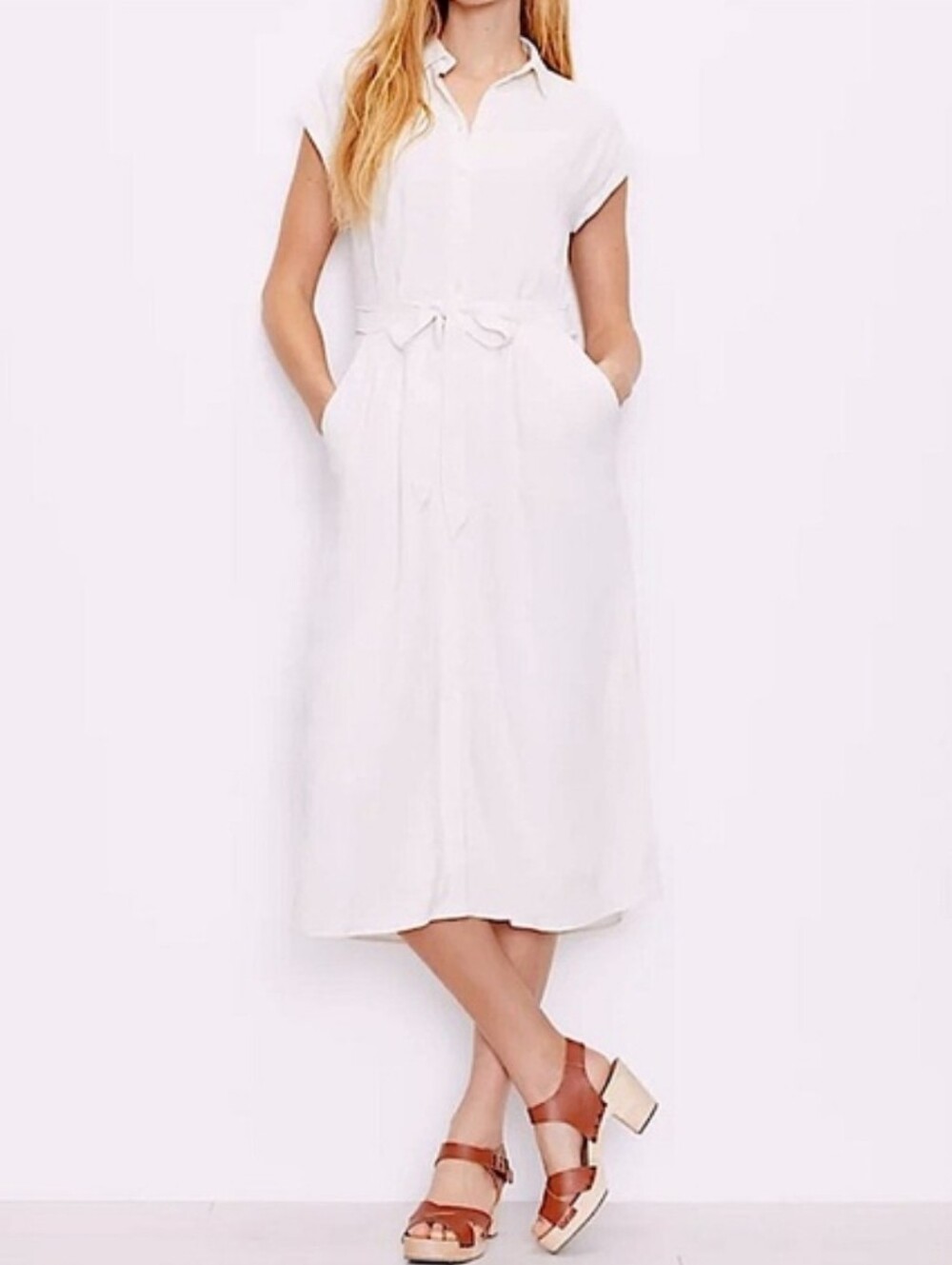 LOFT White Midi Shirt Dress with Tie Waist SZ: 8